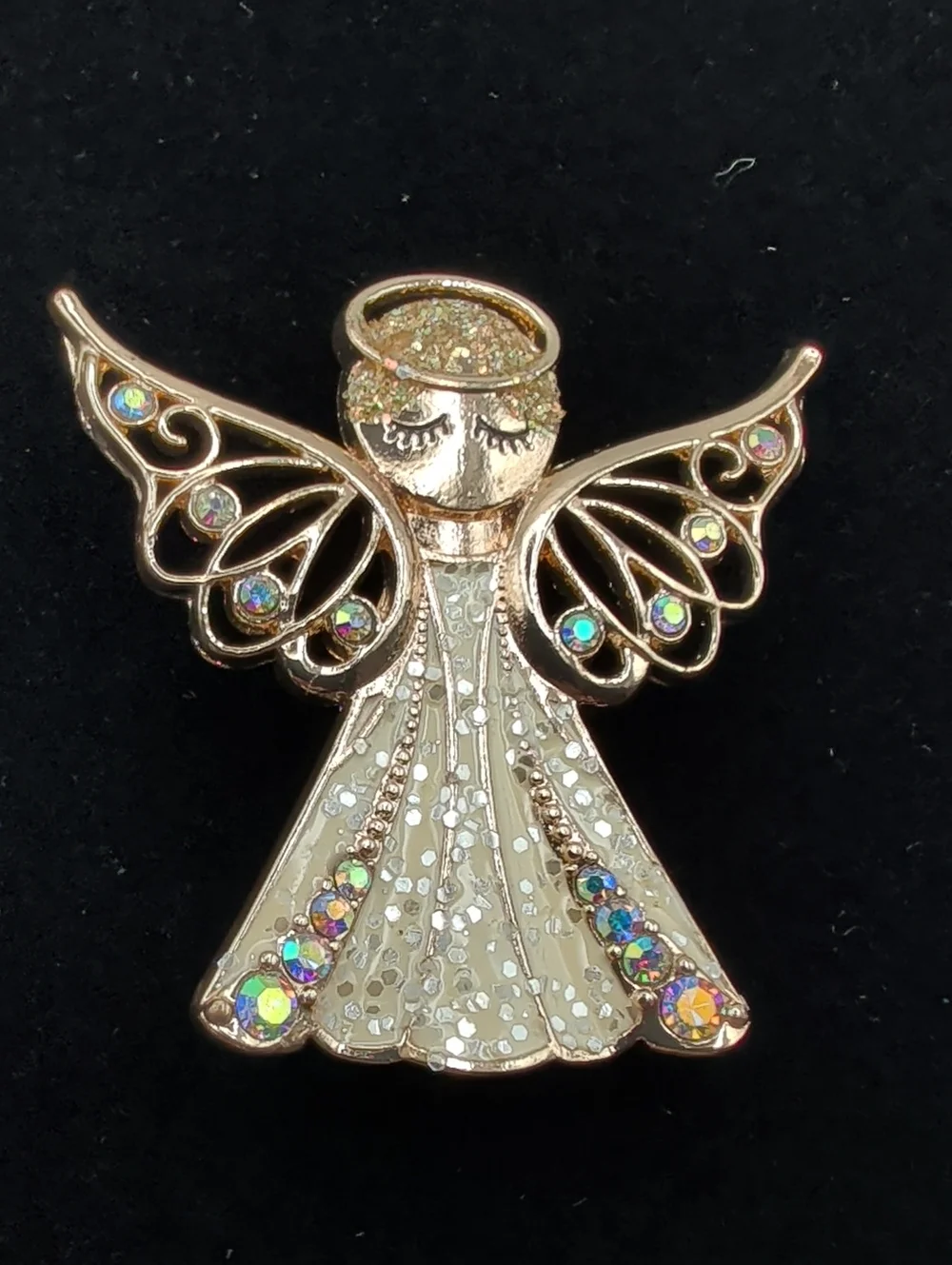 Gold Angel Brooch Pin with Aurora Rhinestones - Women Jewelry, NIB